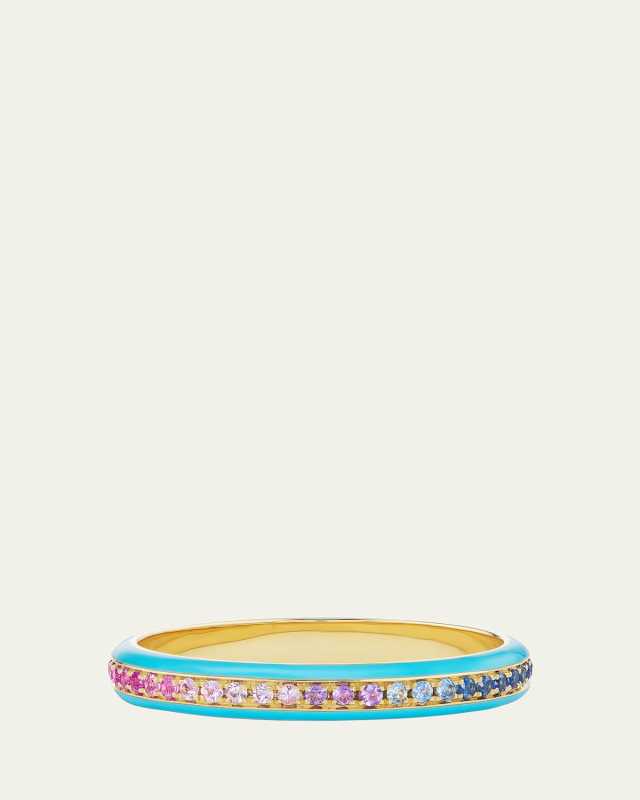 18K Yellow Gold Dash Ring with Ombré Gemstones and Enamel
